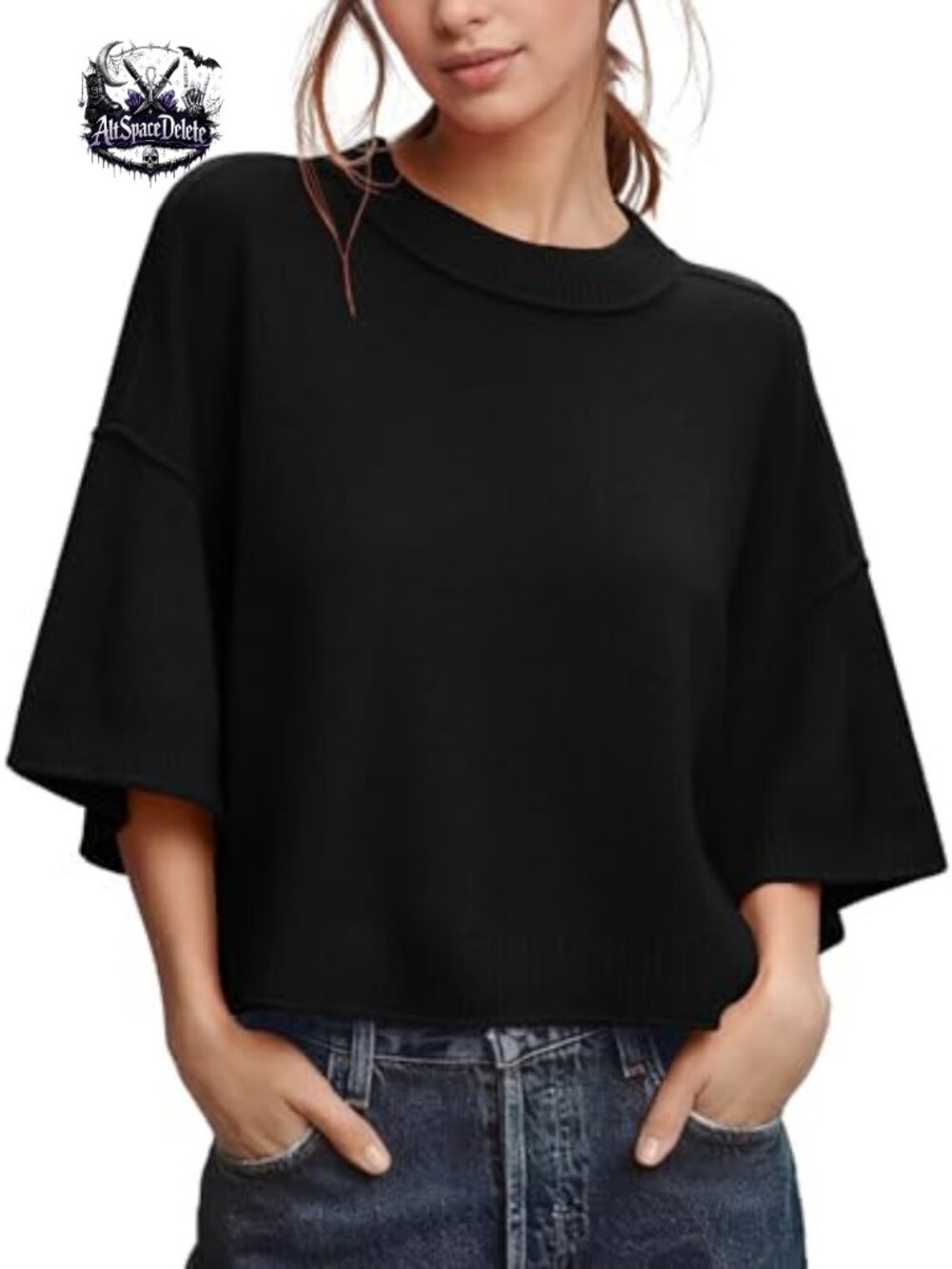 Womens Cropped Knit Pullover Sweater 3/4 Sleeve Crew Neck Casual Summer Top